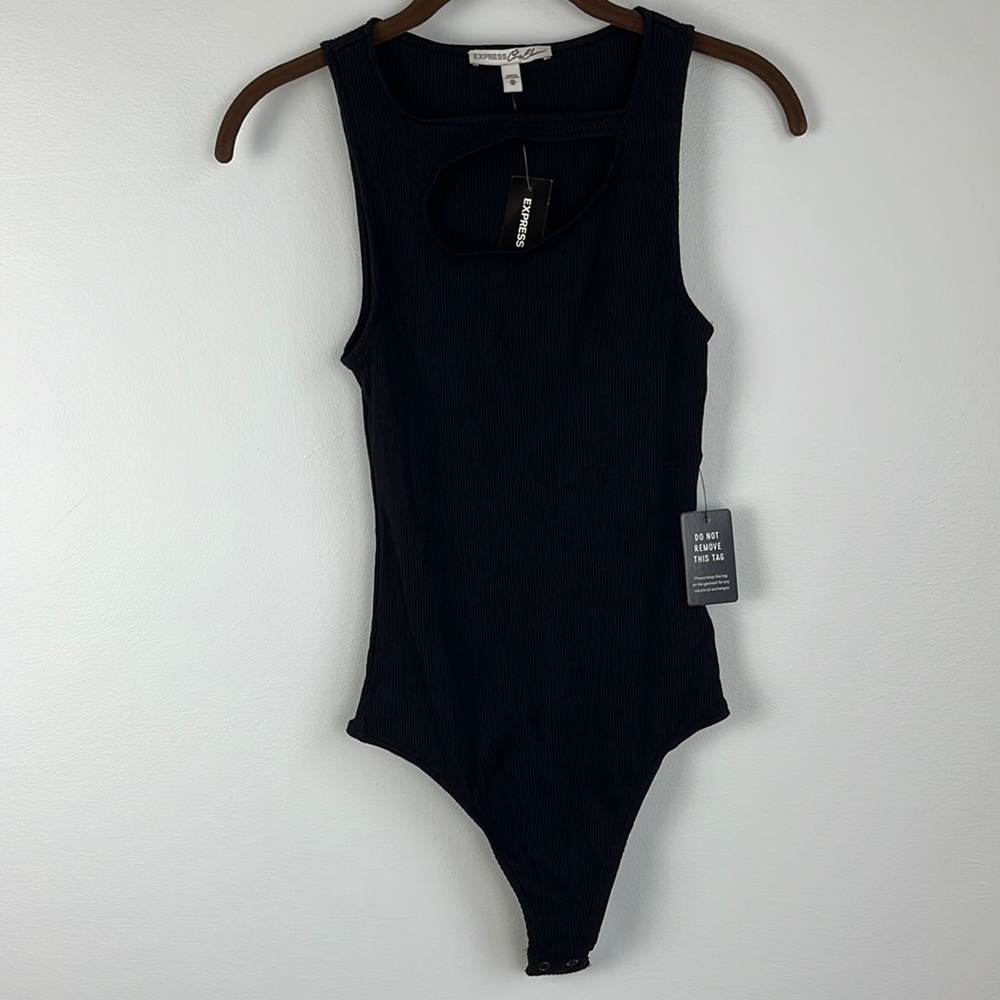 NWT Express women’s black bodysuit with front cutout. Size Medium
